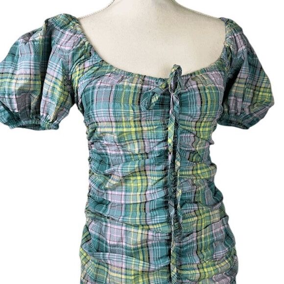 NWT GANNI Checked Seersucker Midi Dress in Lagoon Green Purple Size Small (36) - Picture 7 of 16